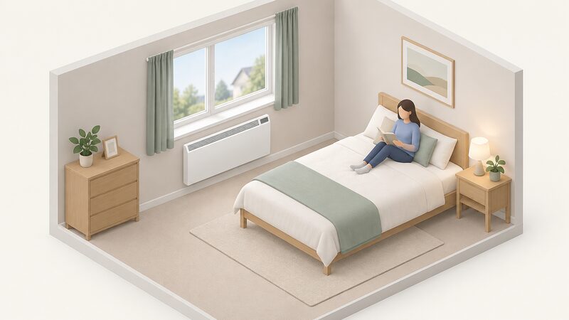 A slim white XLE Slimline storage heater mounted on a bedroom wall directly beneath a window, drawn as a simple isometric room with a bed and plain walls, showing its low-profile case, top outlet grille and control panel as blank blocks with no readable markings.