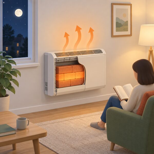 A wall-mounted storage heater in a simply furnished room shown in cutaway, with glowing heat-storage bricks inside, a night sky and moon outside the window for off-peak charging, and gentle heat rays rising from the heater into the daytime room.