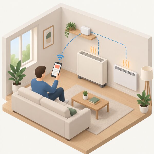 A simplified isometric figure in a living room holds a smartphone showing a plain app screen, with a Wi-Fi signal path linking the phone to a Dimplex Control Hub on a shelf, which connects onward to a high heat retention storage heater and an electric panel heater in the same room.