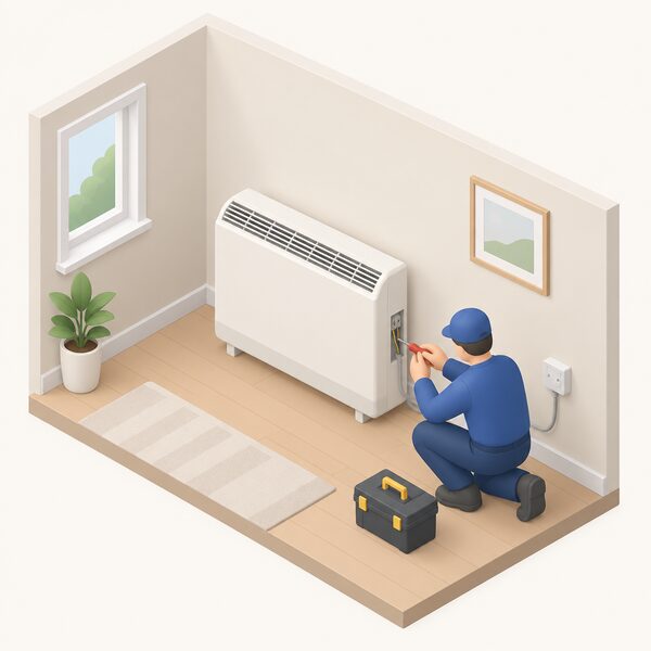 An installer fitting a storage heater against an interior room wall, connecting it to electrical wiring from the wall, with no gas pipe, water pipe, flue or tank anywhere in the scene.