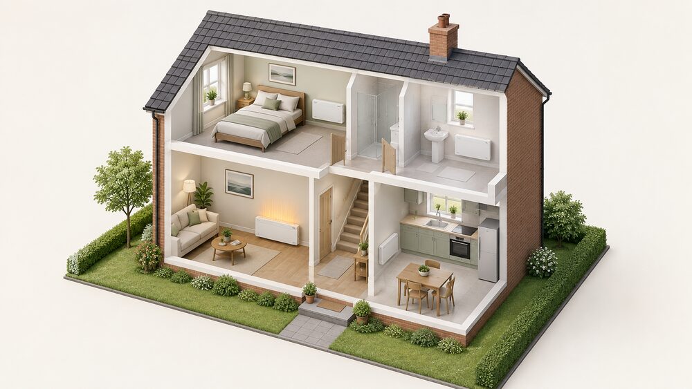 A cutaway of a small house showing a storage heater against the wall of the main living room and hall, with slim wall-hung direct acting panel heaters on the walls of a bedroom, kitchen and bathroom, all on the main electricity supply with no pipes or boiler.