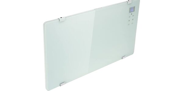A white glass panel convector heater with a digital control panel, shown at an angle on a plain background