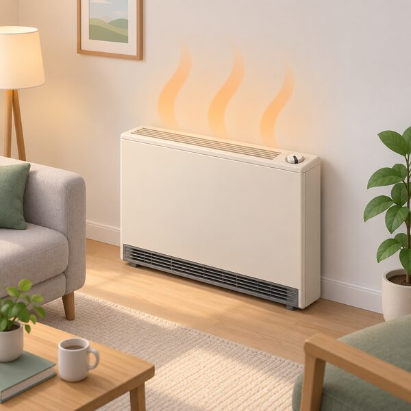 A night storage heater standing against the wall of a simply furnished room, drawn as a plain upright cabinet with a charging control dial on top, shown in its heat-release phase during the day with gentle warmth rising from its surface into the living space.