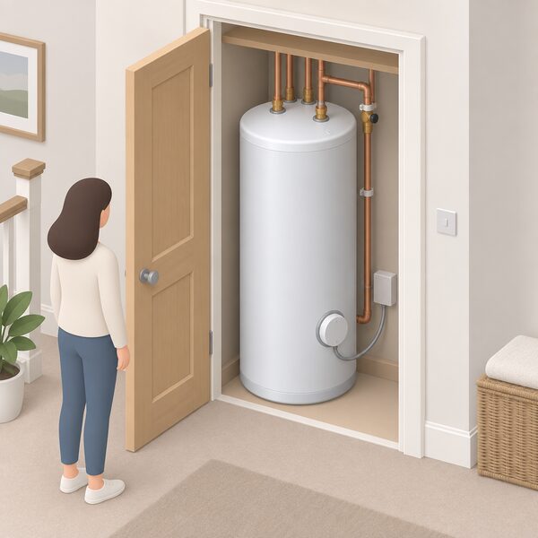 A large insulated hot water cylinder standing in an airing cupboard indoors, with pipework entering at the top and an immersion connection, shown as the heat storage tank of an electric boiler system.