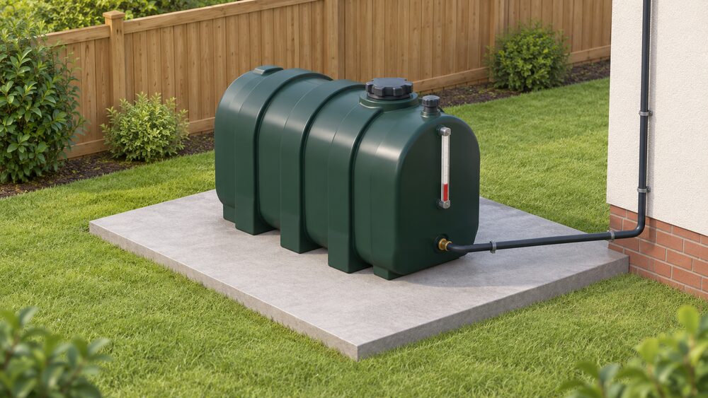 A domestic heating oil tank standing outdoors on a level concrete base that extends well beyond it on every side, with a fill point cap, a level gauge and an oil supply line leaving the tank toward the house, set clear of a wooden boundary fence.