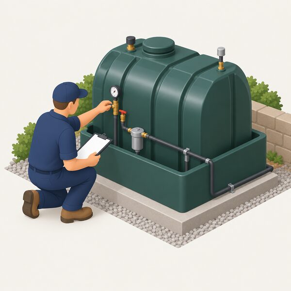 An OFTEC technician in plain work clothing kneels beside a domestic bunded heating oil tank outdoors, checking the gauge and valves on the tank while holding a clipboard, with the bund base and connected pipework visible.