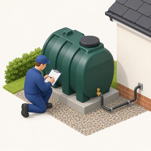 An OFTEC registered technician outdoors beside a newly positioned domestic oil storage tank on a suitable base, connecting the supply pipework running toward the house, with a certificate form on a clipboard in hand as he self-certifies the completed installation work.