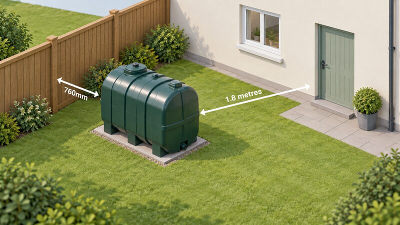 A garden scene with a domestic oil tank on the ground, dimension arrows showing 1.8 metres of clear space to the house wall with its door and window and 760mm of clear space to a wooden boundary fence.
