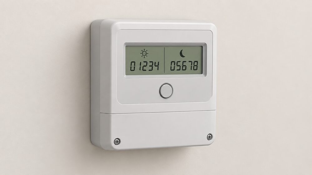 A close-up of a digital Economy 7 electricity meter mounted on an indoor wall, its display showing two separate registers for on-peak and off-peak readings, with a single push button below the screen and no other equipment in view.