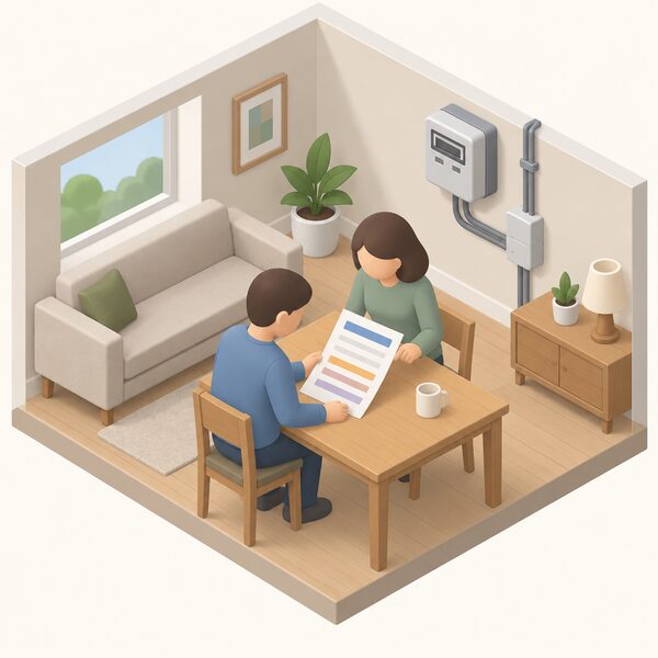 Two simplified household figures stand together in a living room at a table, examining a printed energy bill whose off-peak hours appear only as blank lines and plain colour bands, with an Economy 7 electricity meter visible on a nearby wall.
