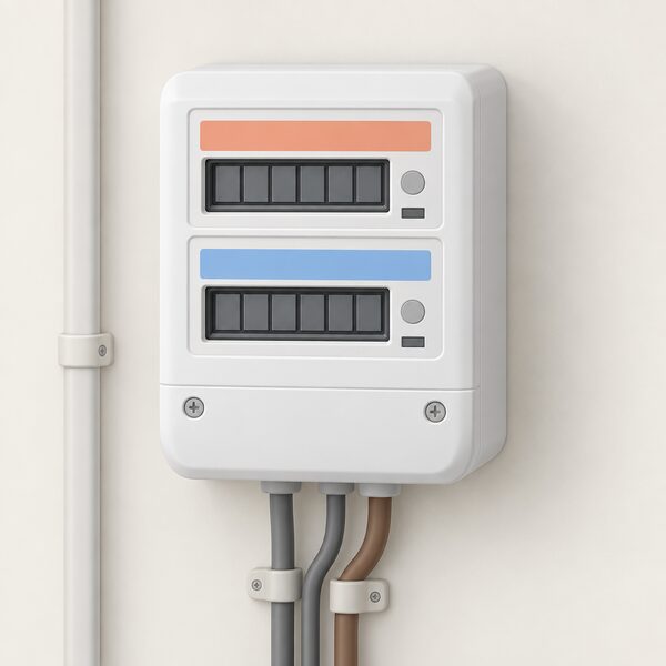 A close-up of a white wall-mounted Economy 7 electricity meter with two stacked registers, the top one labelled for the day or normal rate and the bottom one for the night or low rate, each display shown as blank number blocks with plain colour label bands.