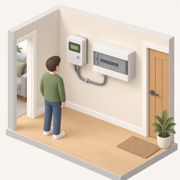 A simplified isometric indoor scene showing a smart electricity meter mounted on a wall inside a home, with a small figure standing beside it looking at the meter's screen, the meter connected by a cable to the consumer unit, drawn as a clean domestic installation.
