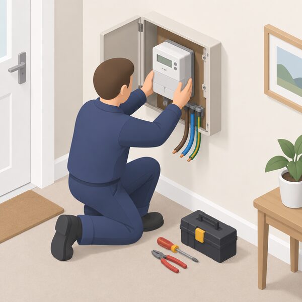 A supplier engineer, shown as a small isometric figure in plain work clothes, kneels beside a household's electricity meter box on an interior wall, fitting a new multi-rate meter into place with the supply cables disconnected and tools laid out nearby.
