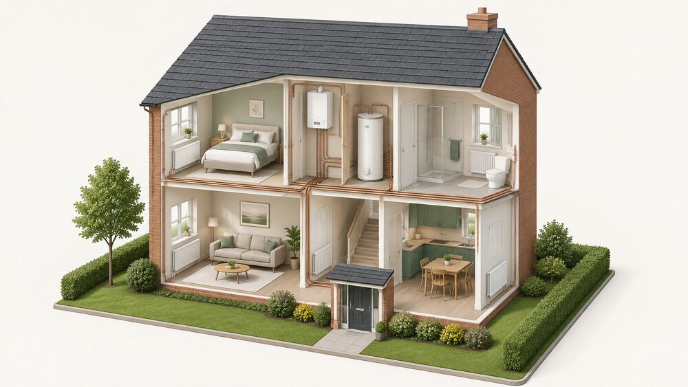 A cutaway house showing a wall-hung electric flow boiler on an upstairs airing cupboard or kitchen wall, connected by conventional pipework to radiators in the rooms and to a hot water cylinder, with no flue passing through any external wall.