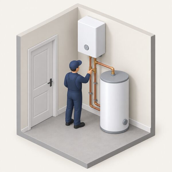 A small utility room where a wall-mounted electric boiler is fixed high on the wall with pipework running down to a separate hot water cylinder standing on the floor beside it, an installer figure checking the connection between the two units.