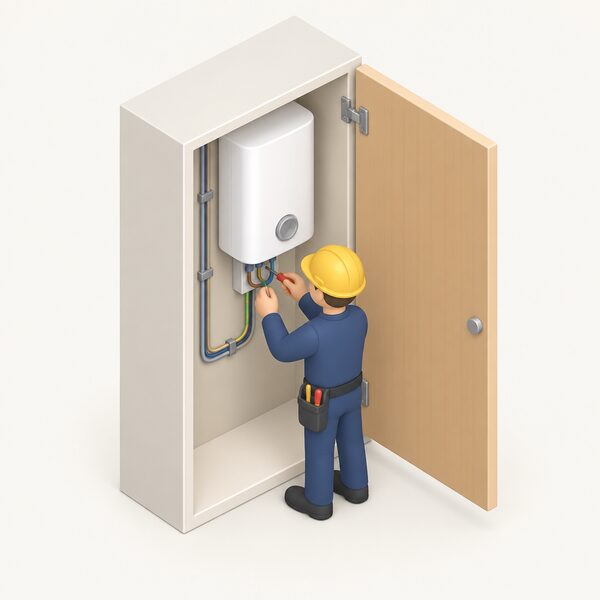 A qualified electrician, shown as a small simplified isometric figure, wires a wall-mounted electric boiler installed inside a domestic cupboard, with the cupboard door open and the electrical connection work at the boiler's wiring point clearly the focus of the scene.