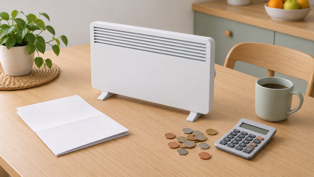 A small model of a white wall-mounted electric panel heater stands on a kitchen table beside a folded blank energy bill, a scatter of coins and a small calculator, with a plain mug nearby.