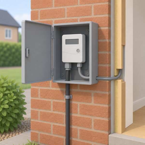 A grey domestic electricity meter box mounted on the outside brick wall of a house, its door open to show the electricity meter inside with the incoming supply cable and the cable continuing into the house, drawn as a simple cutaway with no readable figures.