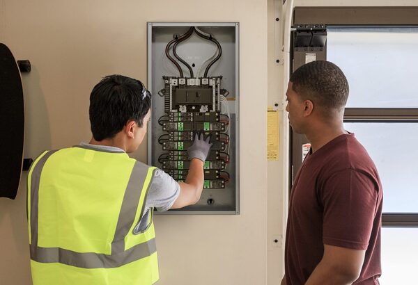 An electrician in a hi-vis vest showing a homeowner an open electrical consumer unit panel mounted on a wall