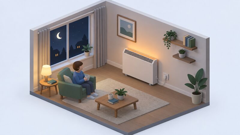 A night-time living room scene showing a storage heater against an inside wall drawing power to charge its core, with a small isometric figure nearby and a dark window indicating the cheaper overnight charging window.