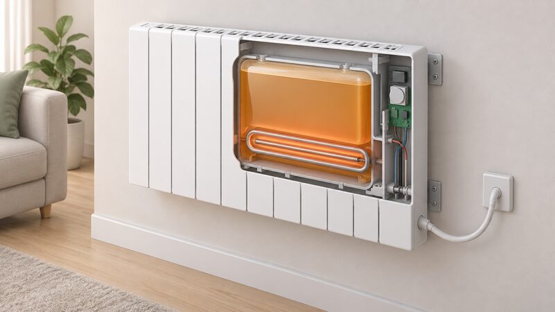 A cutaway view of a wall-mounted thermal-fluid electric radiator on its brackets, showing the sealed fluid chamber around a resistive heating element and an integral thermostat and programmer inside the casing, with a cable entering from the wall.