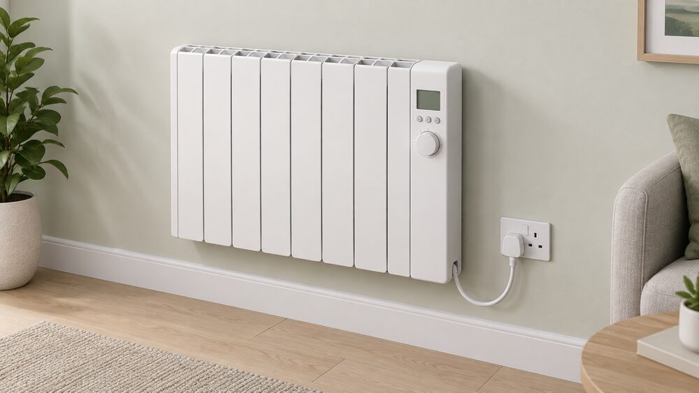 A close-up of a single wall-mounted electric panel radiator with its own built-in thermostat dial and programmer, its moulded plug lead running to a 13 amp socket on the wall below, with no pipework, flue or boiler anywhere in the scene.