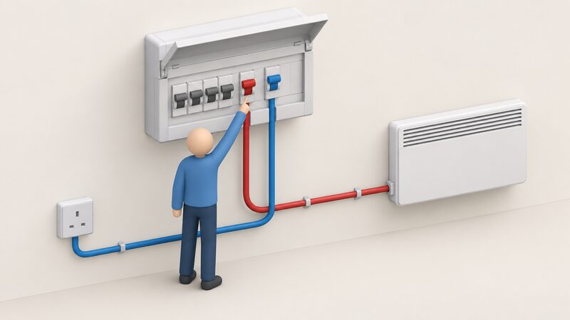 A wall-mounted consumer unit with its cover open showing a row of circuit breakers, one thick-cabled breaker running a dedicated radial supply to a fixed wall panel heater, while a separate breaker feeds a socket ring, with a small isometric figure pointing at the heating breaker.