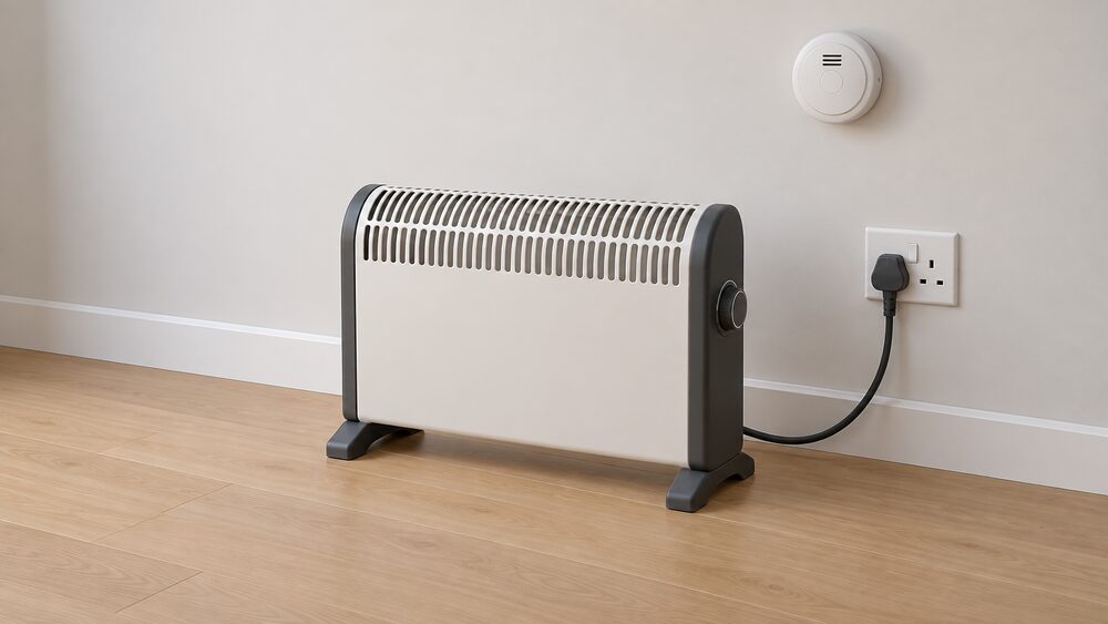 A close-up of a portable electric heater standing on a floor with clear space around it, its UK 3-pin plug connected directly into a single wall socket, with a smoke alarm mounted on the wall above and no extension lead anywhere in sight.