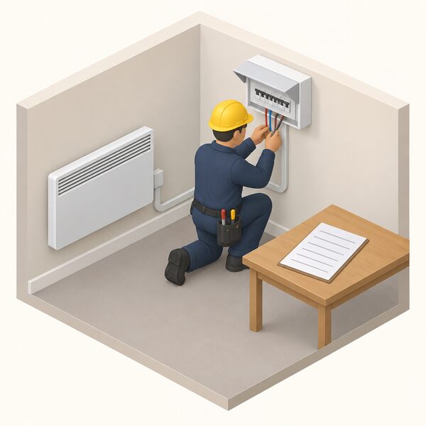 A registered electrician, shown as a small isometric figure in plain workwear, kneels beside a wall-mounted electric heater making the fixed wiring connection at a consumer unit, with a completion certificate lying on a nearby table as a blank document with plain lines only.
