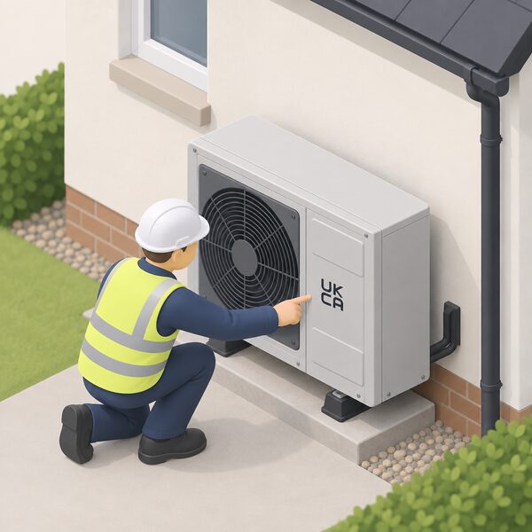A small isometric figure of an installer kneeling beside an outdoor air source heat pump unit on a house exterior wall, pointing to the UKCA conformity mark displayed plainly on the unit's casing, with no CE mark anywhere on the appliance.