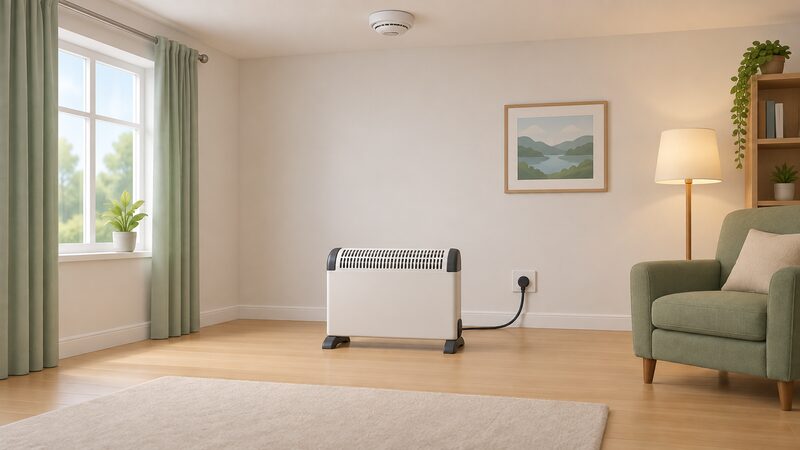 A portable electric heater standing on the floor in the middle of a room, well away from curtains at a window and from an armchair, with a smoke alarm mounted on the ceiling above.