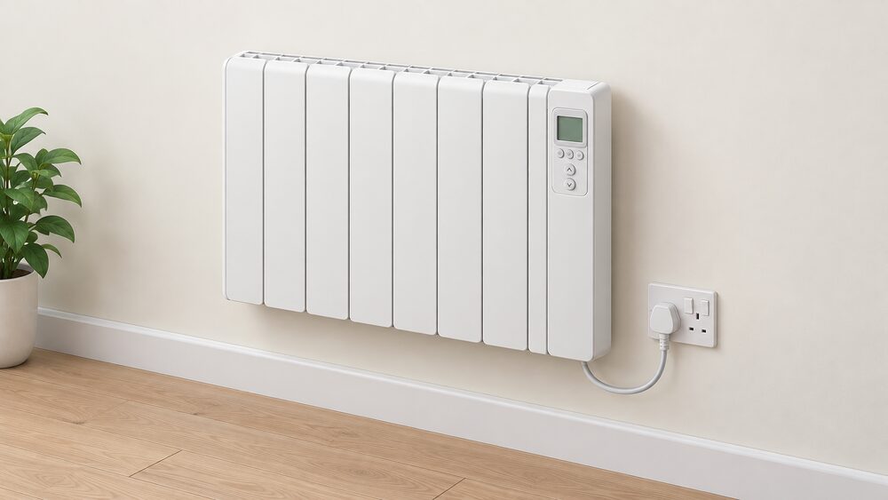 A single wall-mounted electric radiator, close up and centred, plugged into a 13 amp socket on the wall beneath it, with no pipework, no flue and no other heating equipment anywhere in the scene.