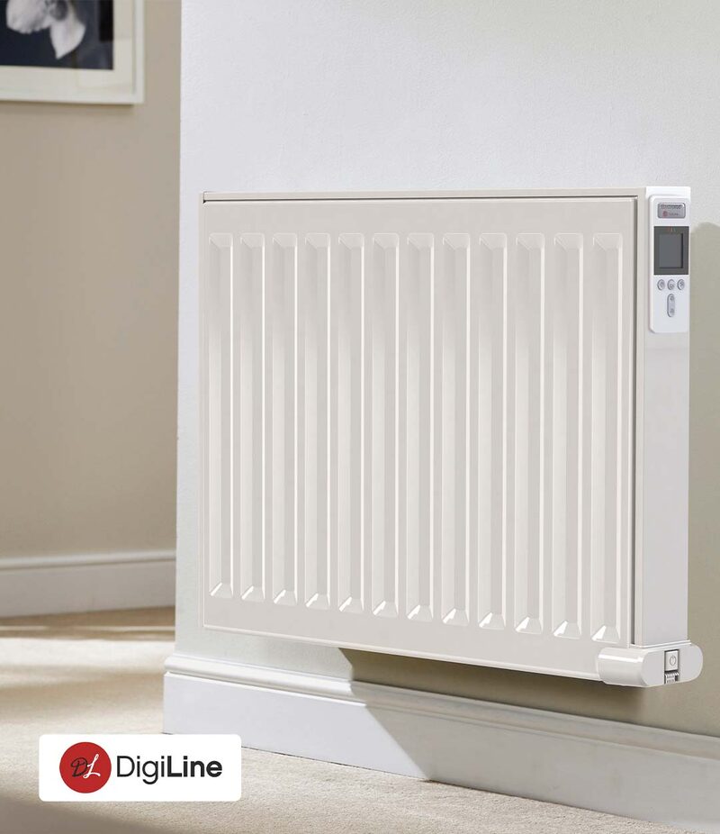 A white DigiLine wall-mounted electric radiator with digital control panel installed on a wall in a home