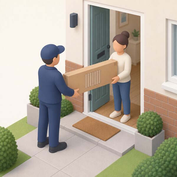 A delivery person at a UK house's open front door hands a long flat cardboard box containing an electric radiator to a householder standing on the doorstep.