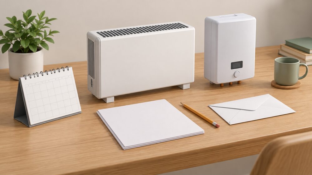 A small model of a high heat retention storage heater and a small model of a wall-hung electric boiler stand on a table beside blank warranty paperwork, a sealed envelope, a pencil and a calendar, suggesting the moment of registering a new heater's warranty.