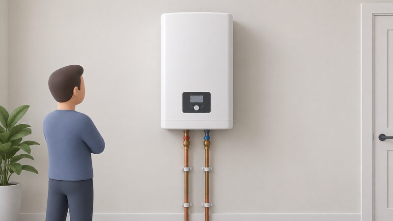 A wall mounted Mattira electric boiler with its front casing on, a control panel on its face and flow and return pipework running down below it, drawn as a single appliance on a plain interior wall.