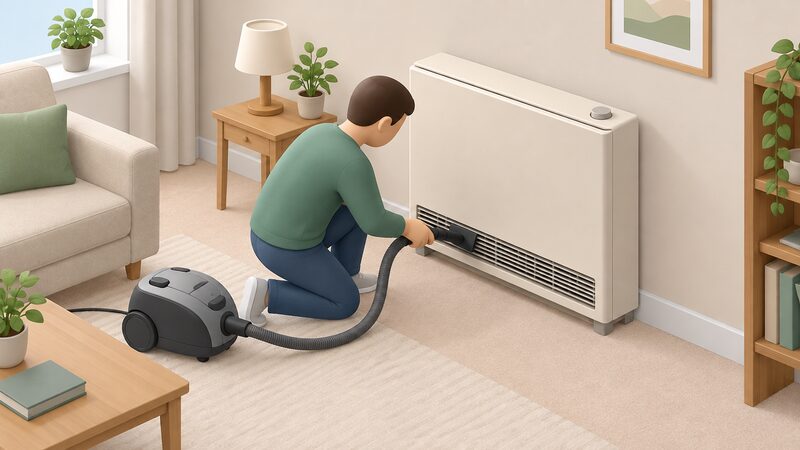 A simplified isometric figure kneels in a domestic living room, vacuuming the lower front grille of a tall high heat retention storage heater that stands against the wall with its control dial visible on the top panel.