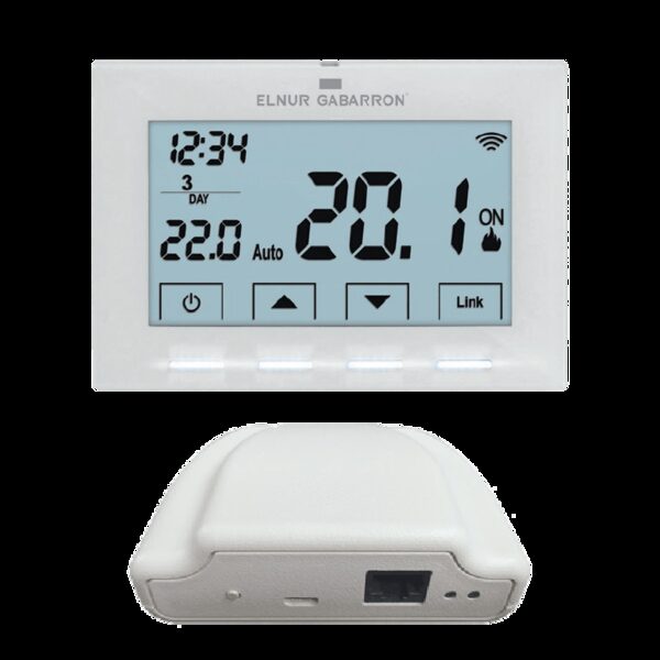 Elnur Gabarron CTM20 WiFi programmable room thermostat shown front and back on a white background