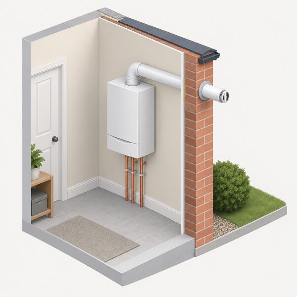 A wall mounted insulated steel heating boiler fixed to an indoor wall, with a horizontal flue pipe passing through the outside wall to terminate outdoors.