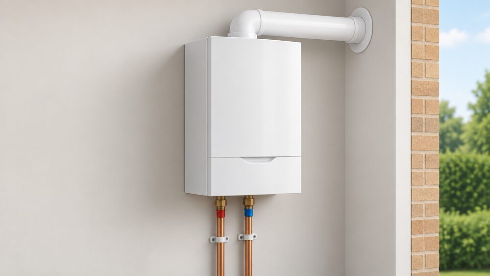 A compact white wall-hung condensing gas boiler mounted on an interior wall, shown close up, with its round white flue pipe passing through the external wall behind it and simple copper flow and return pipes dropping from its base.