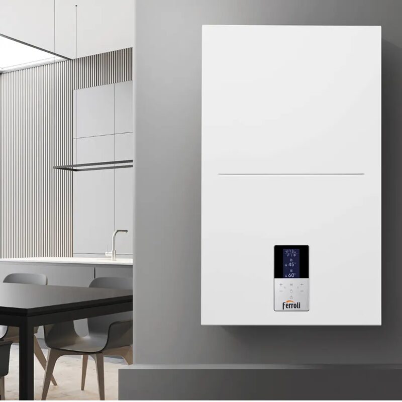 A white Ferroli wall-mounted condensing boiler with a digital display, shown in a modern grey kitchen-diner