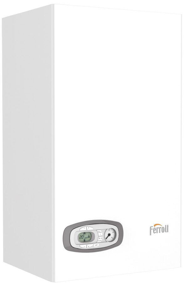 A white Ferroli wall-hung gas boiler with a control panel display