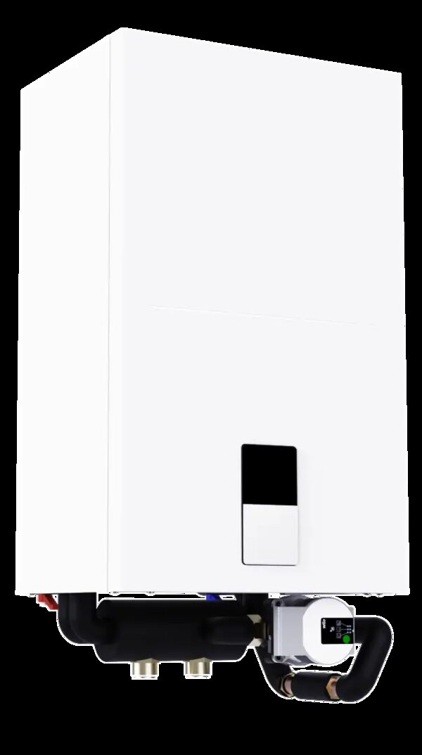 A white wall-mounted Ferroli HYBRID HYDRO-KIT hybrid boiler unit with pipework and pump visible at the base