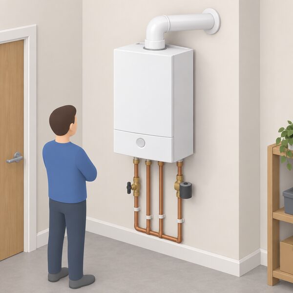 A simple wall-hung heat-only boiler unit mounted on an indoor wall, shown plainly as the cheapest boiler type, with its pipework and flue connections drawn in ordinary UK domestic style and no branding or text.
