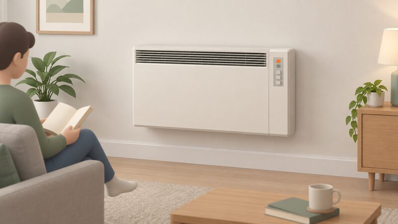 A wall-mounted Elektrostore storage heater fitted high on an interior wall of a plain UK room, drawn as a clean rectangular unit with a visible control panel of simple blank buttons and indicator blocks, connected by concealed wiring into the wall with no flue or pipework.