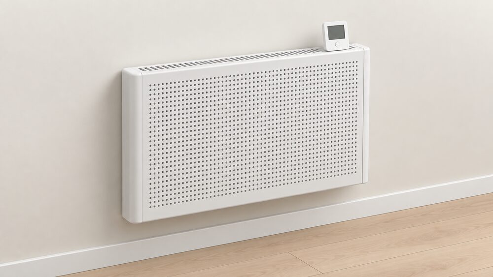 A close-up of a single wall-mounted Fischer-style electric panel radiator with a perforated front panel, its wireless thermostat resting on the radiator's top ledge, standing on an interior wall with nothing else in view.