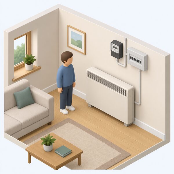 A high heat retention storage heater installed on an interior wall of a simply furnished home room, with a small isometric figure standing beside it, and a plain wall-mounted electricity meter and consumer unit nearby indicating an Economy 7 style tariff supply.