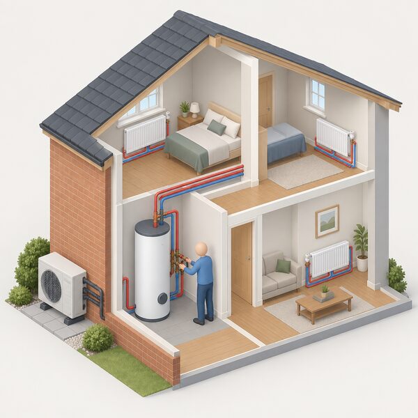 An isometric cutaway of a small house showing a compact air source heat pump unit on the outside wall, a thermal storage cylinder indoors connected by pipework to the existing wall radiators, with a simplified figure checking the pipework connection between the cylinder and the radiator circuit.