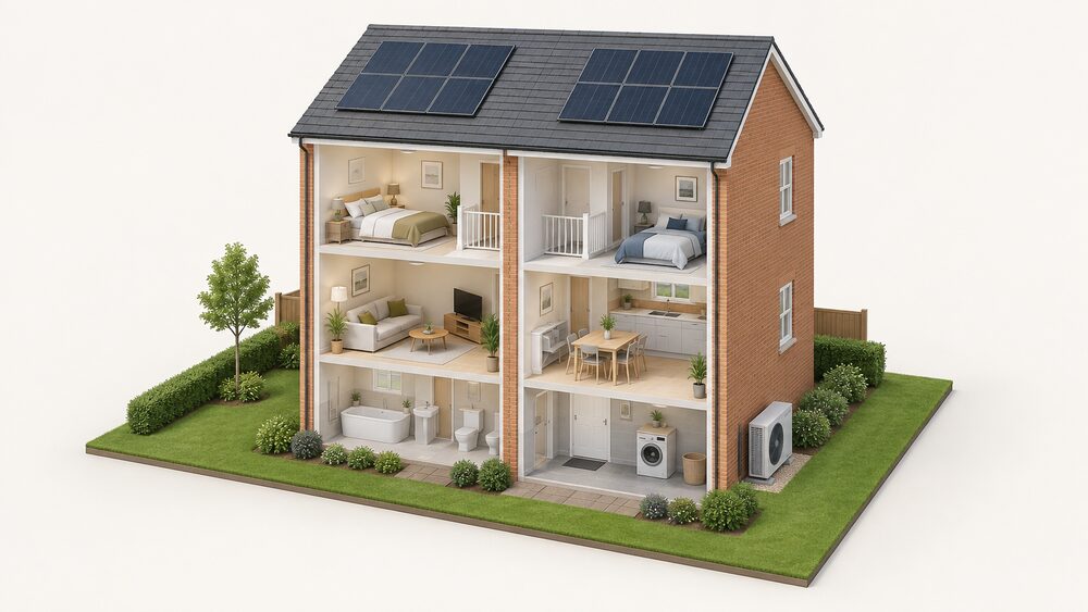 A cutaway view of a new-build semi-detached house with solar panels on its roof, an air source heat pump fan unit standing on the ground outside an external wall, and no gas boiler or gas connection anywhere in the home.