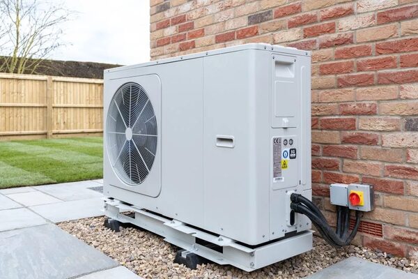 An air source heat pump unit installed outside a brick house on a gravel base with electrical connections